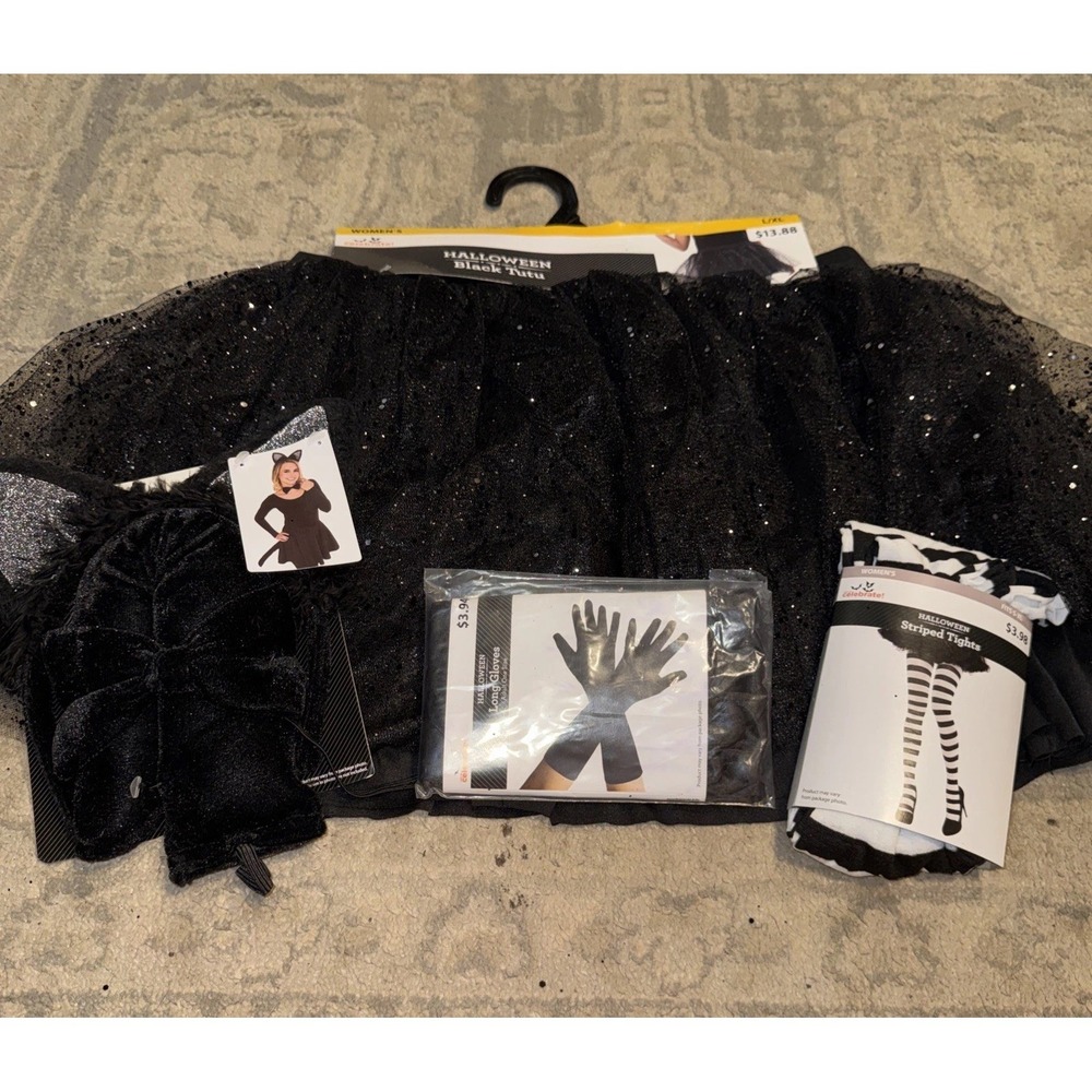 Black Cat Tutu XL 16-18 Kitty Dress Up Halloween Womens Costume Tail Ears Gloves